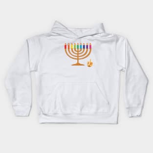 Hanukkah with menorah and wooden dreidel Kids Hoodie